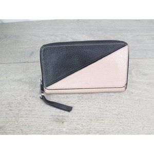 Perlina New York Pebble Leather Pink Black Flap Organizer Wristlet/Wallet